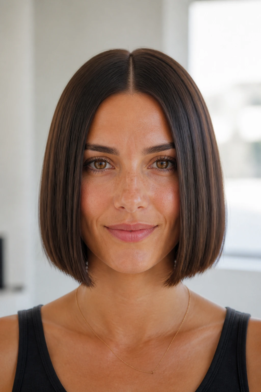 Close-up of center-part glass bob on a real woman in bright interior