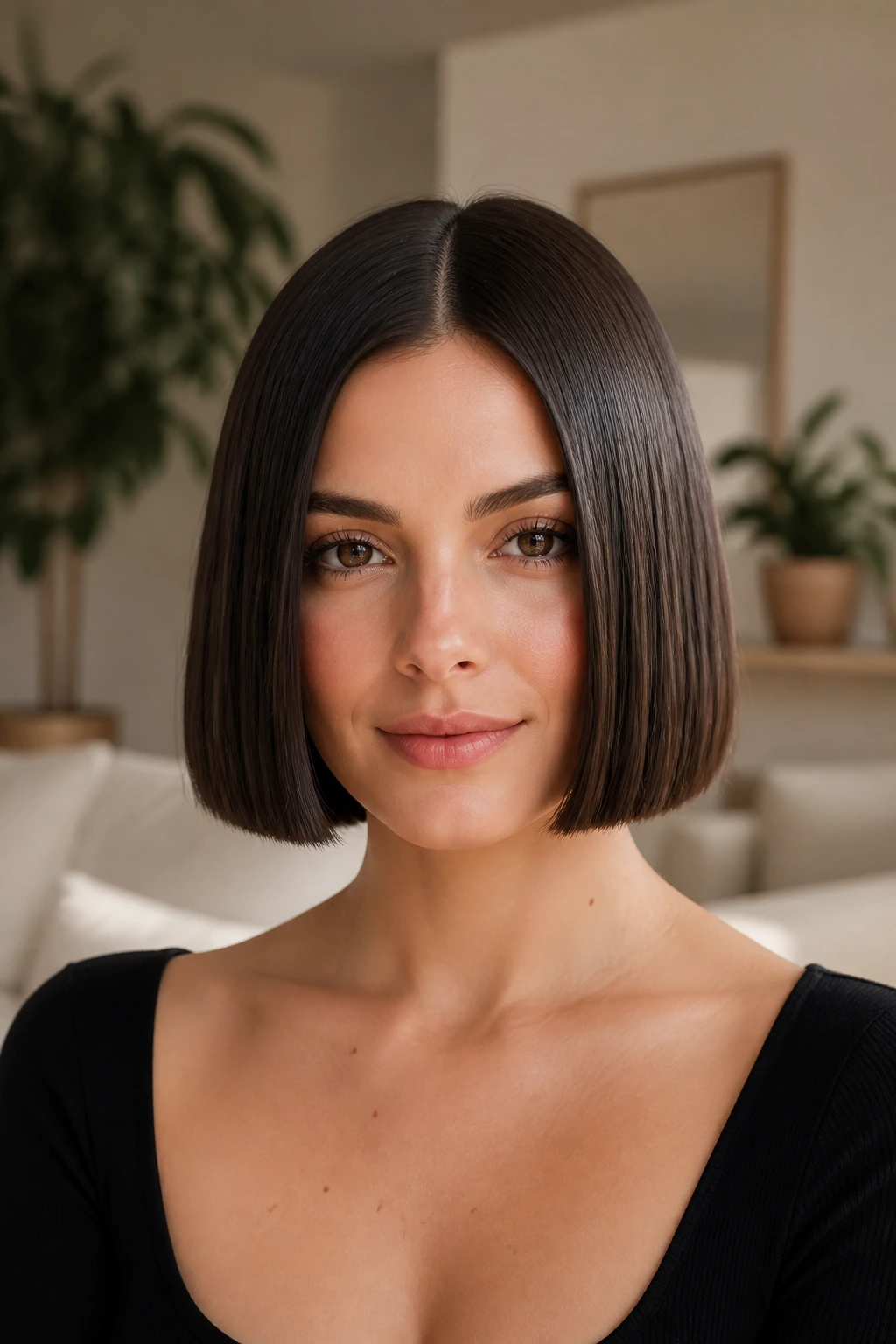 Close-up of a woman with a glassy center-part bob