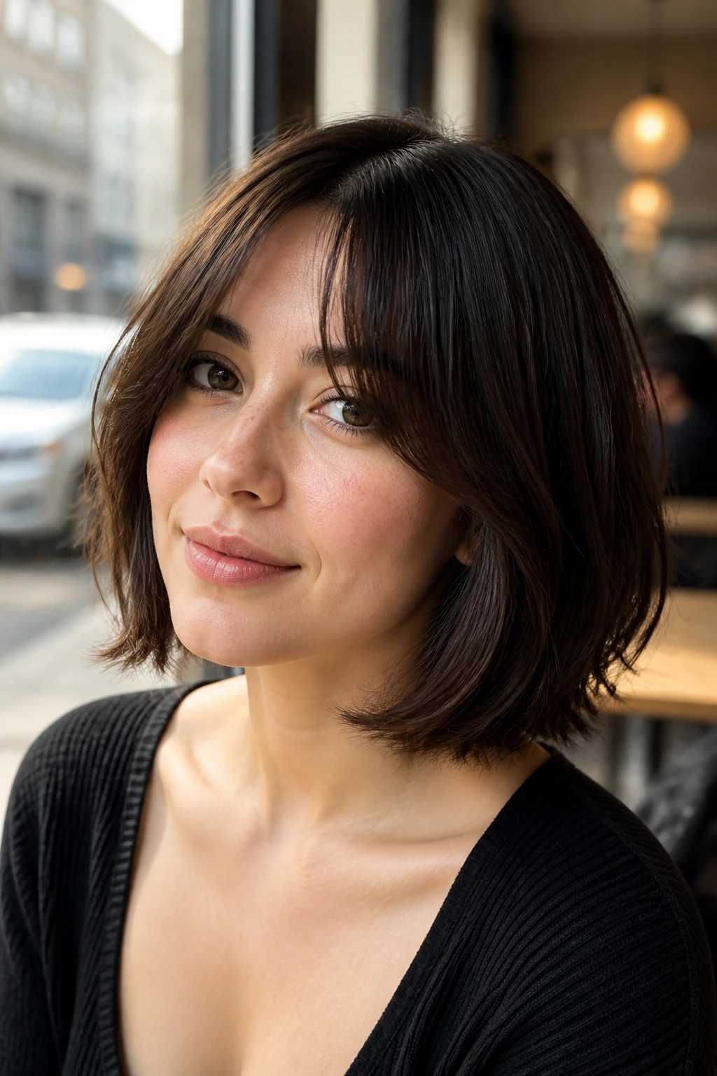 Close-up portrait of a real woman with glossy center-part bob and split bangs in a sunny cafe