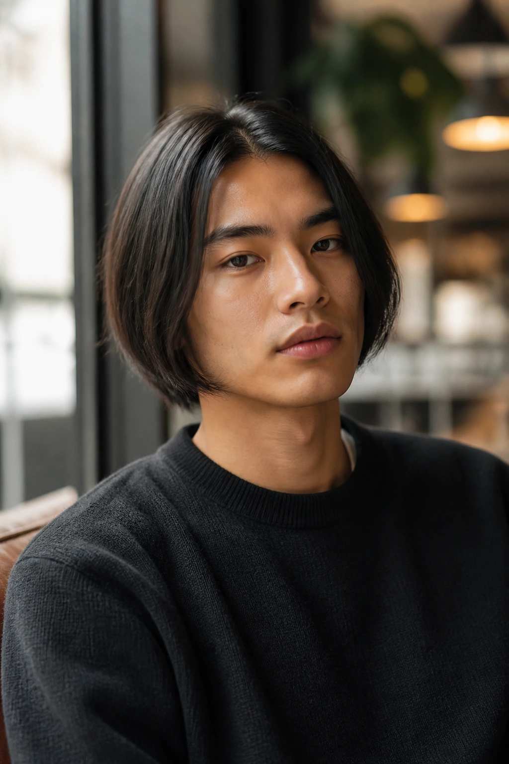 Man with center-part bob in a sunlit cafe