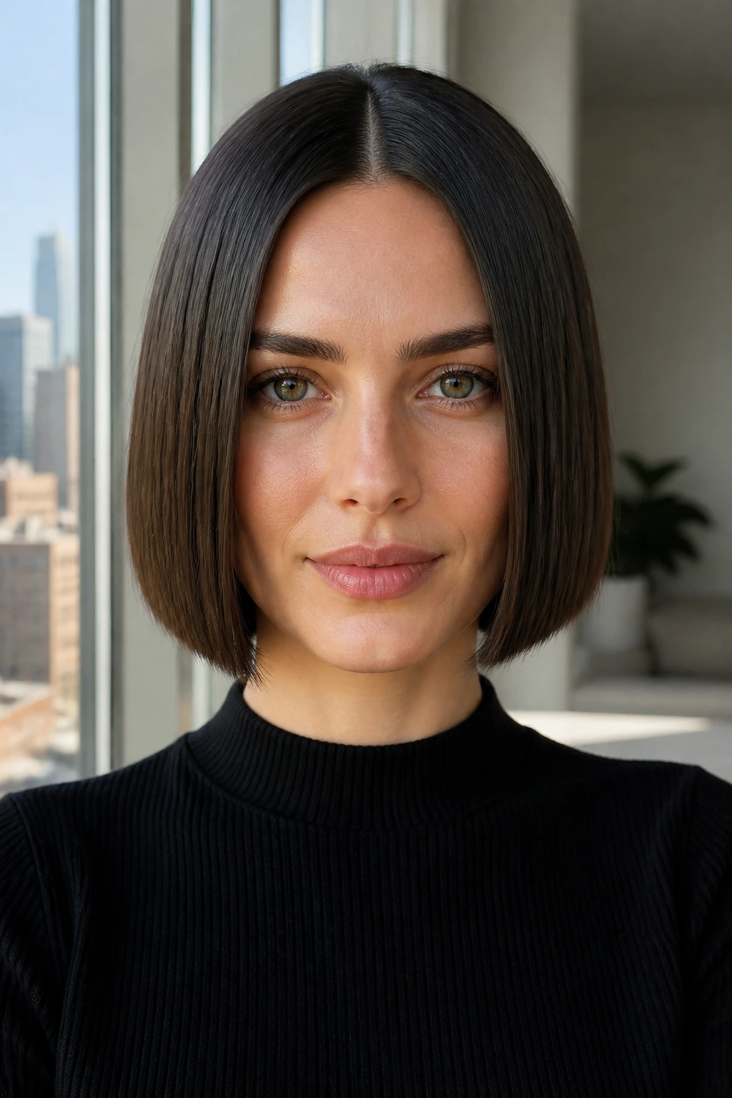 Close-up portrait of a woman with a center-part precision bob