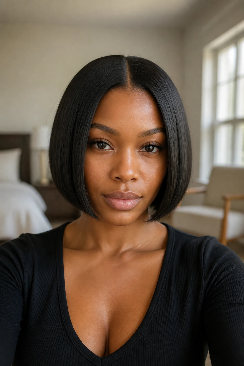 Close-up of a real woman with a sleek center-part chin-length bob