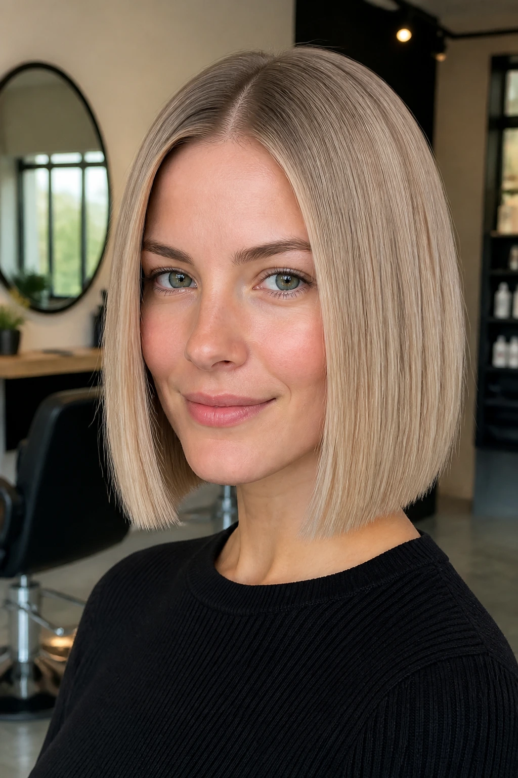 Center-parted precision bob on real woman with straight ends