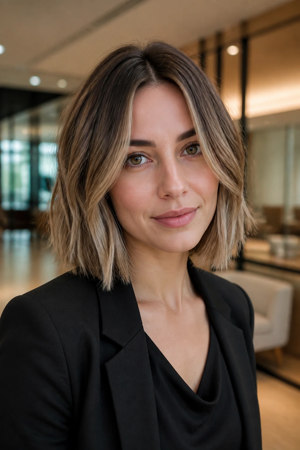Portrait of woman with center-part bob with ribbon layers.