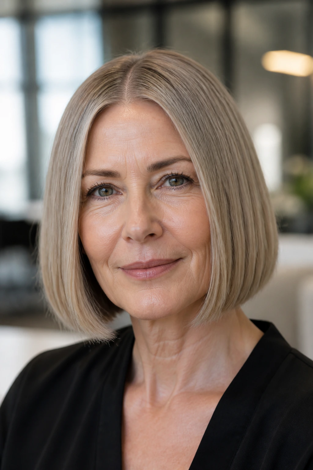 Real woman with a sleek center-part bob in a modern bright setting.