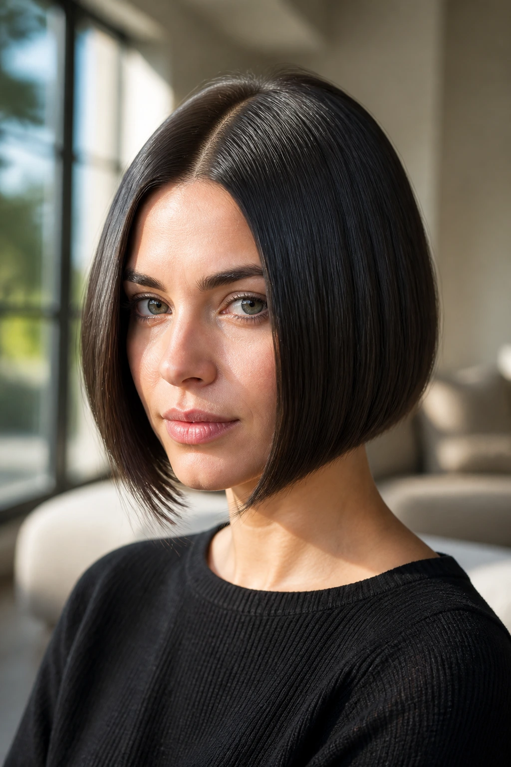 Close-up portrait of a real woman with a sleek chin-length center-part bob in a softly lit living room