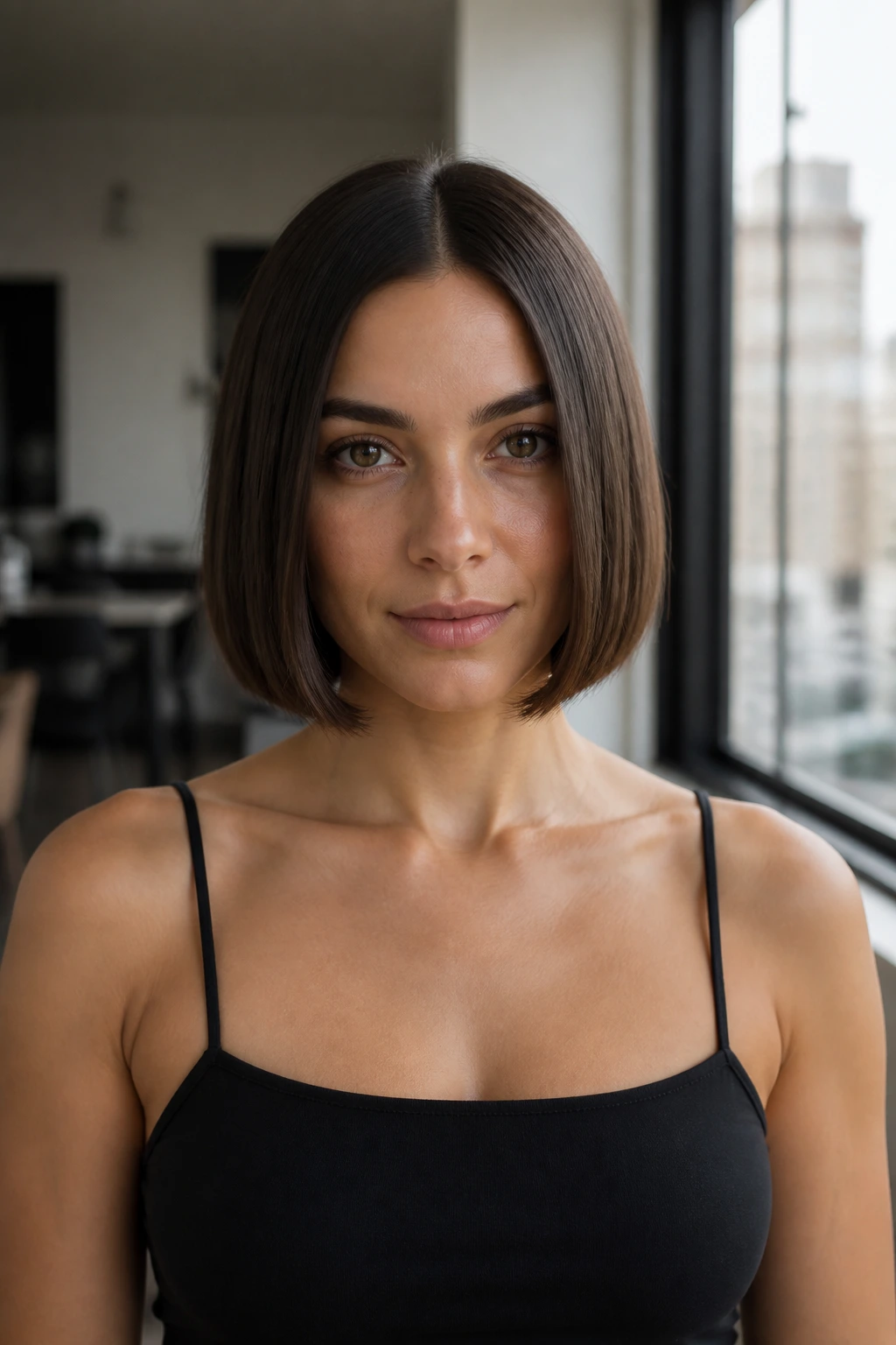 Portrait of a woman with a center-part bob and smooth, symmetrical ends.