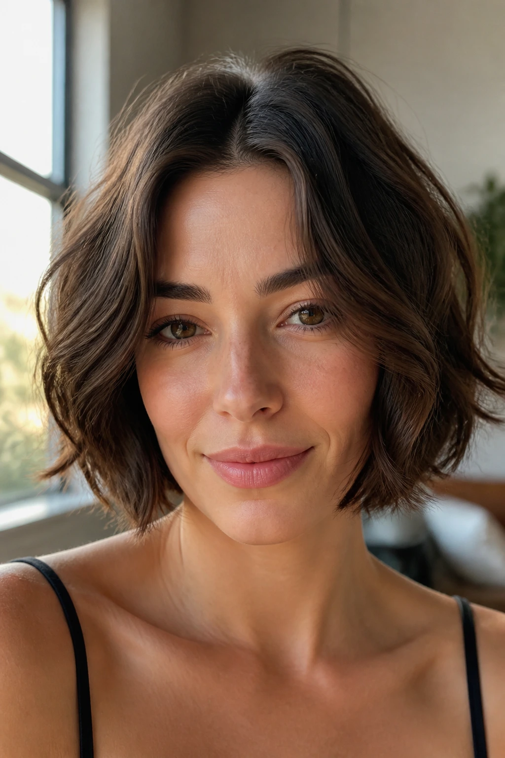 Portrait of a woman with a soft center-part bob and loose front sections
