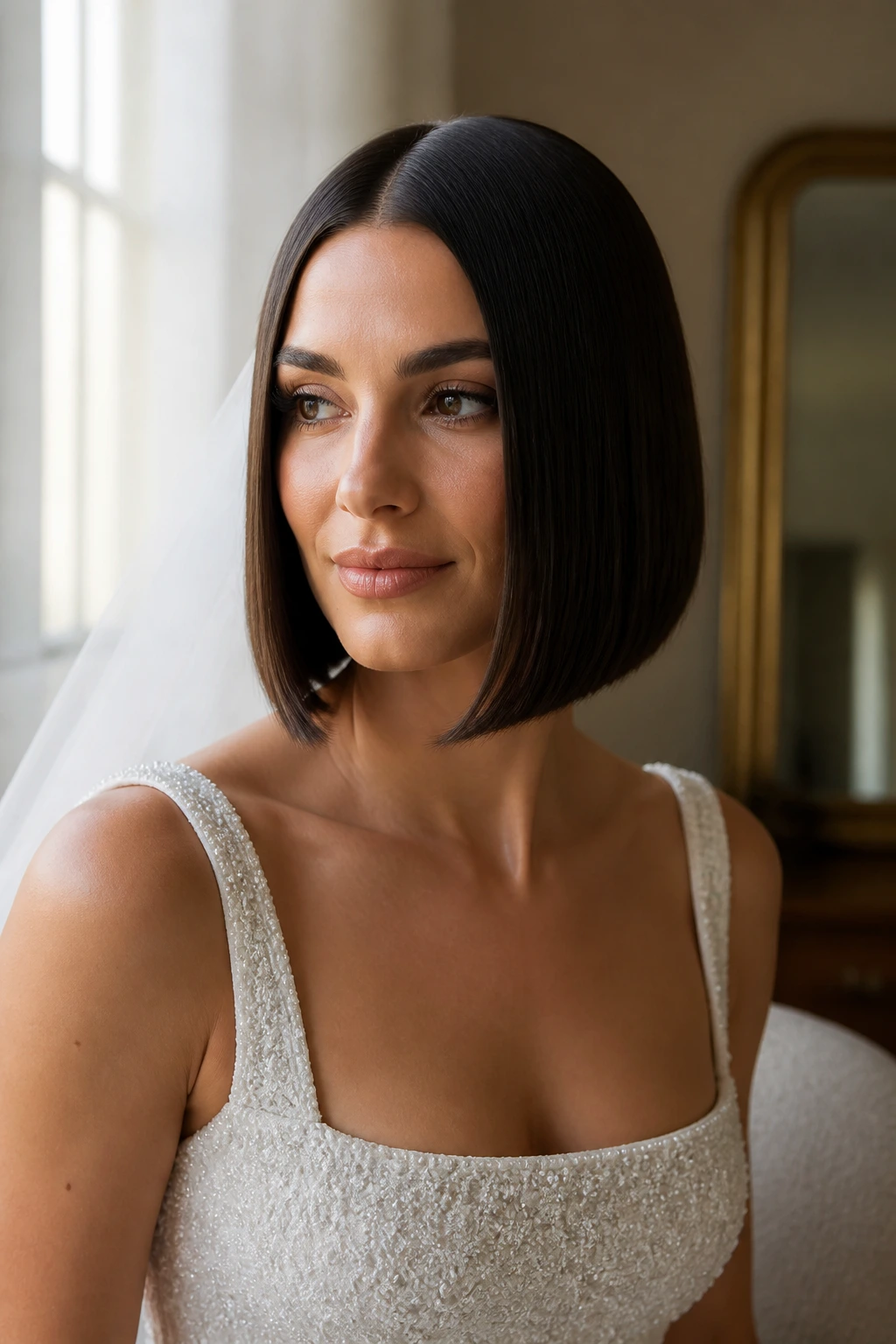 Bride with sleek center-part blunt bob in bridal suite