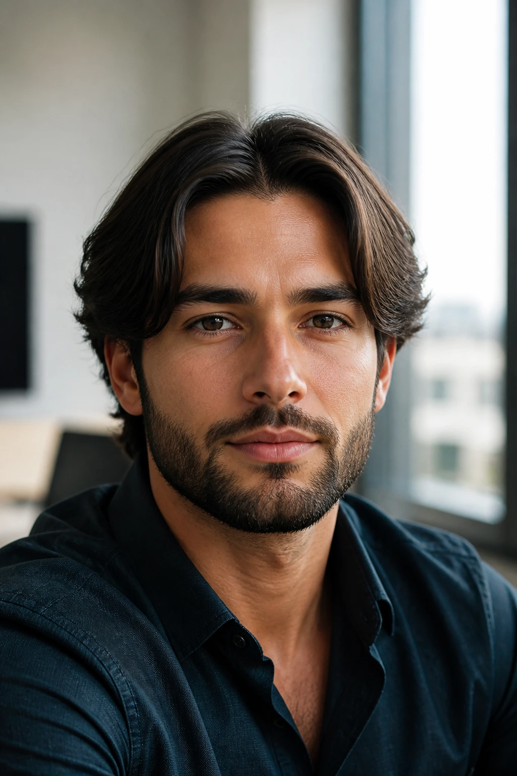 Close-up of a person with center-part hair and short boxed beard in office setting