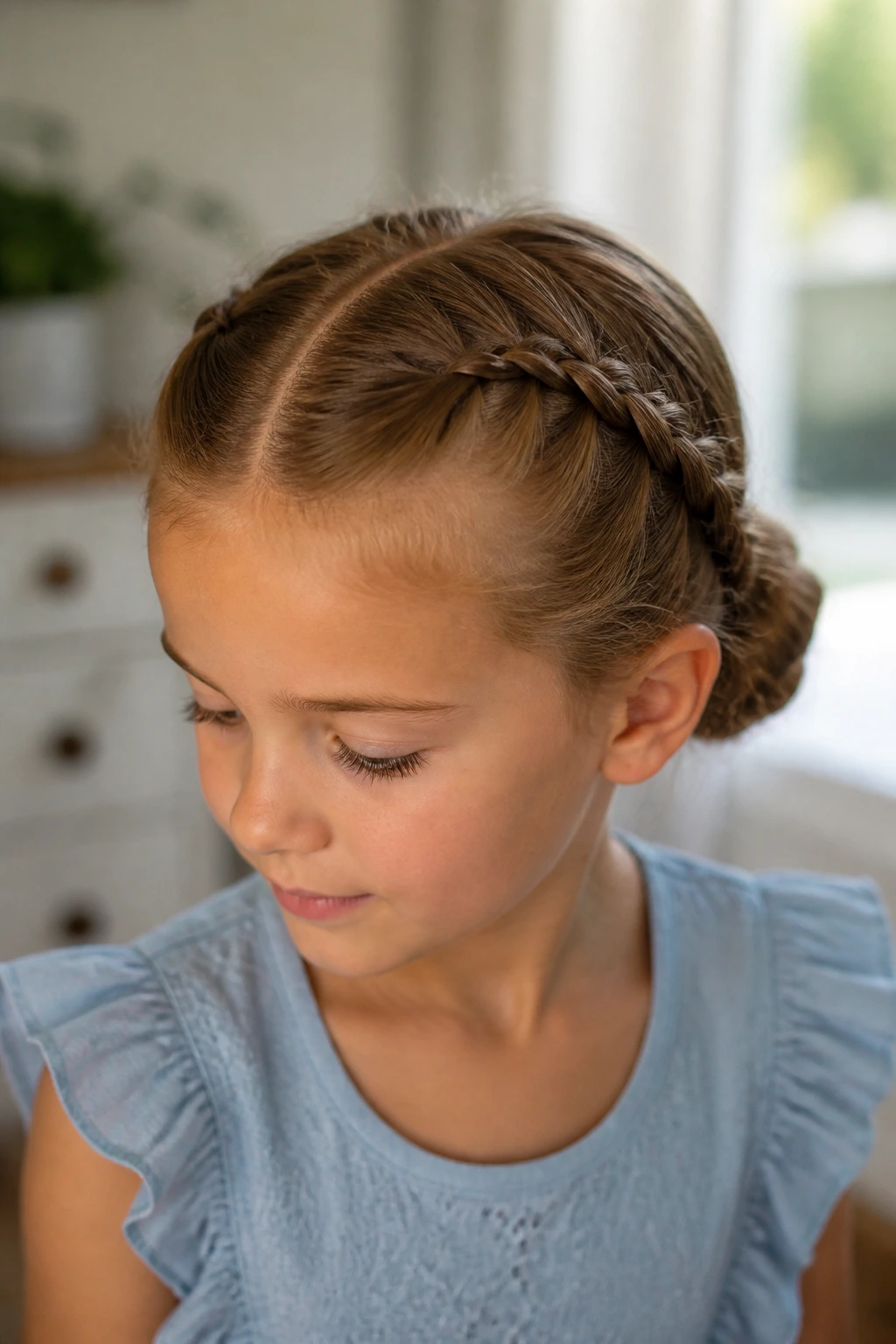 Close-up of a girl with a center-part and neat braid into a low bun in soft morning light.