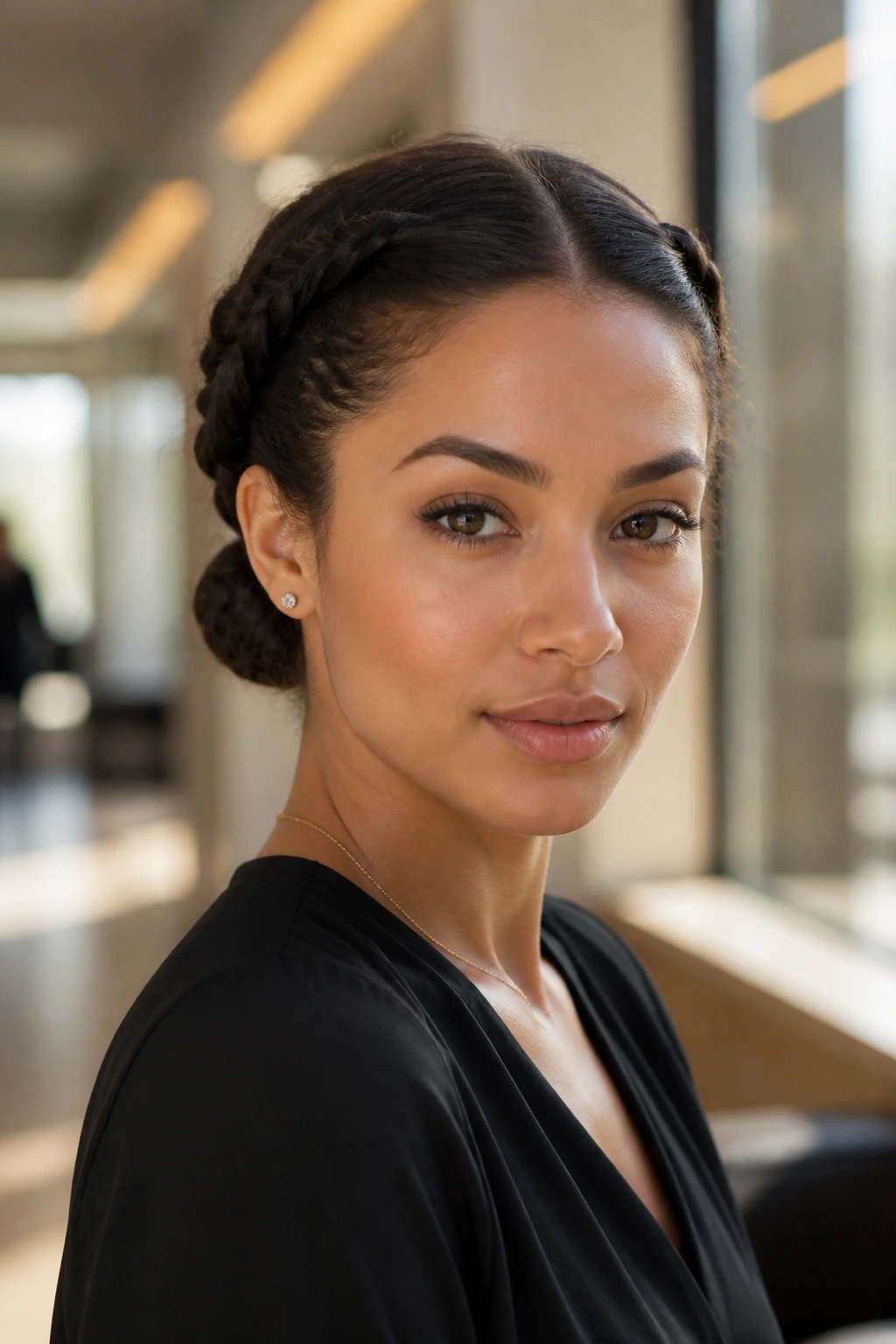 Close-up portrait of a real woman with a center-part braided bun in a chic office