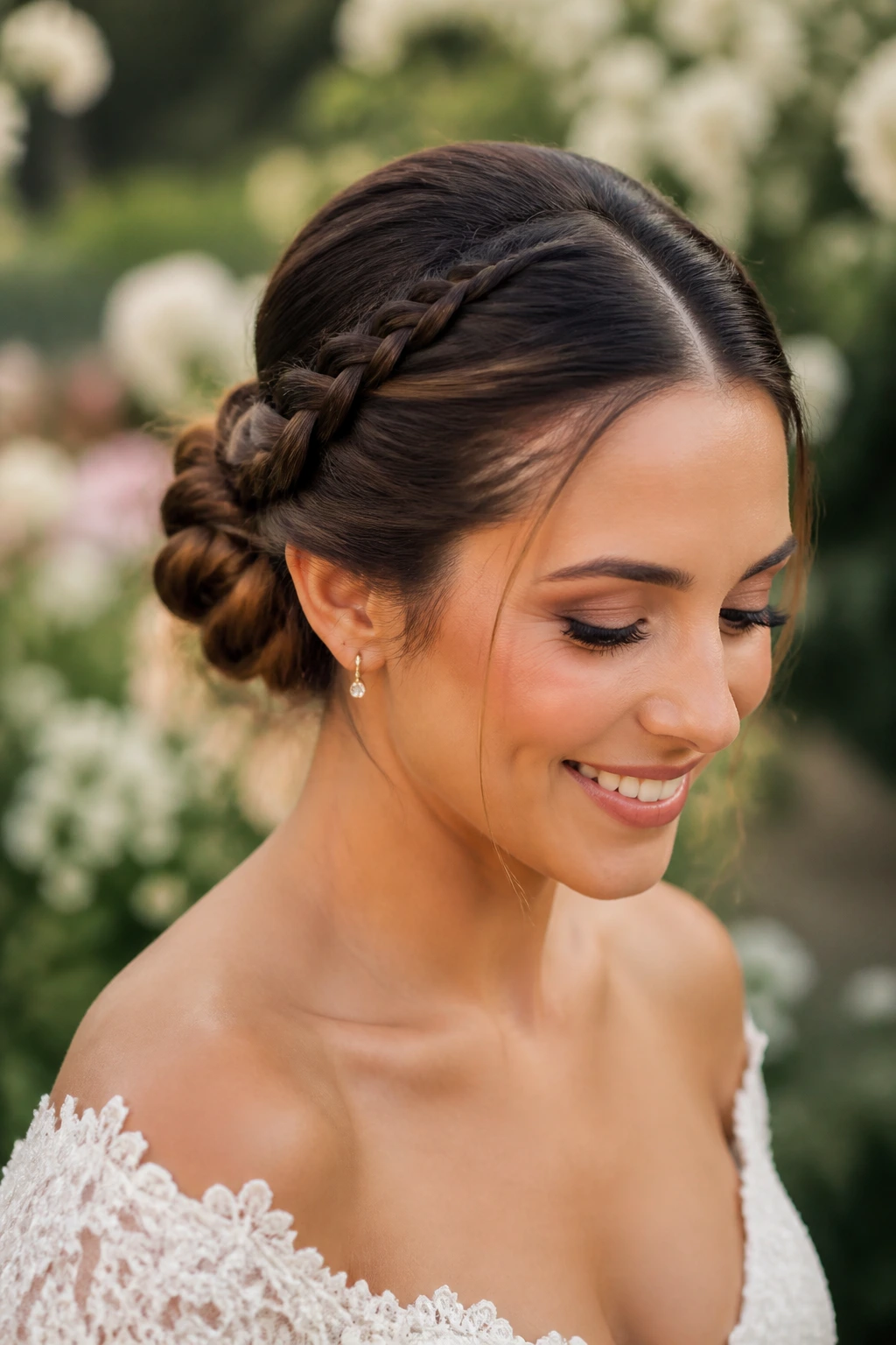 Bride with center-parted hair and braided bun in soft light