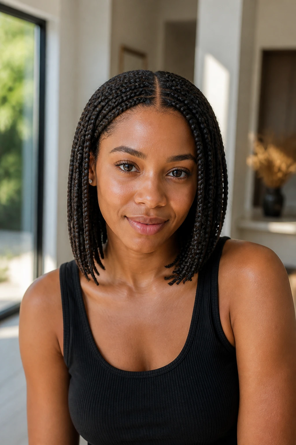 Close-up of a real person's center-part sleek box braids with even length on both sides.