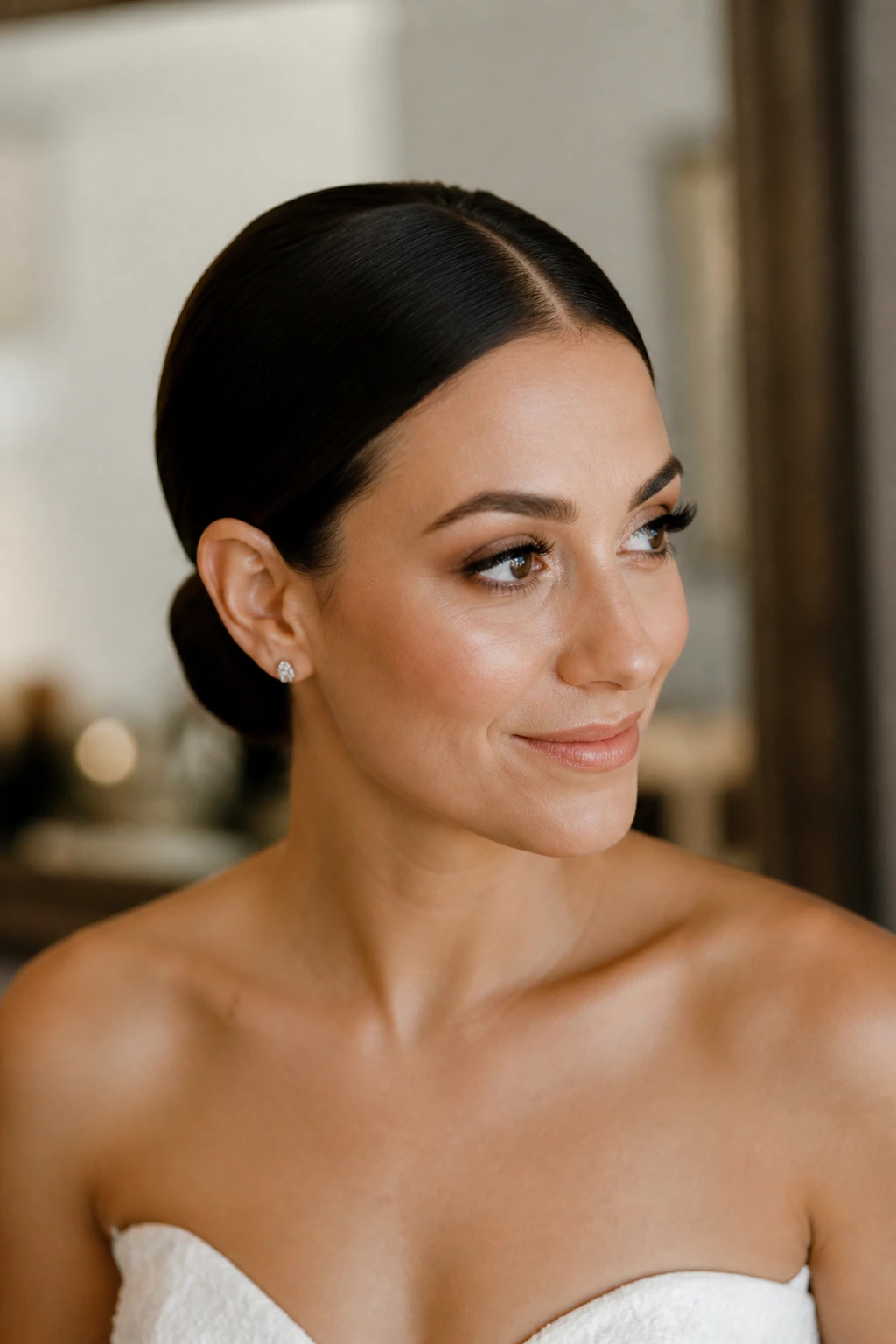 Bride with center-part sleek low bun in a bridal dressing room