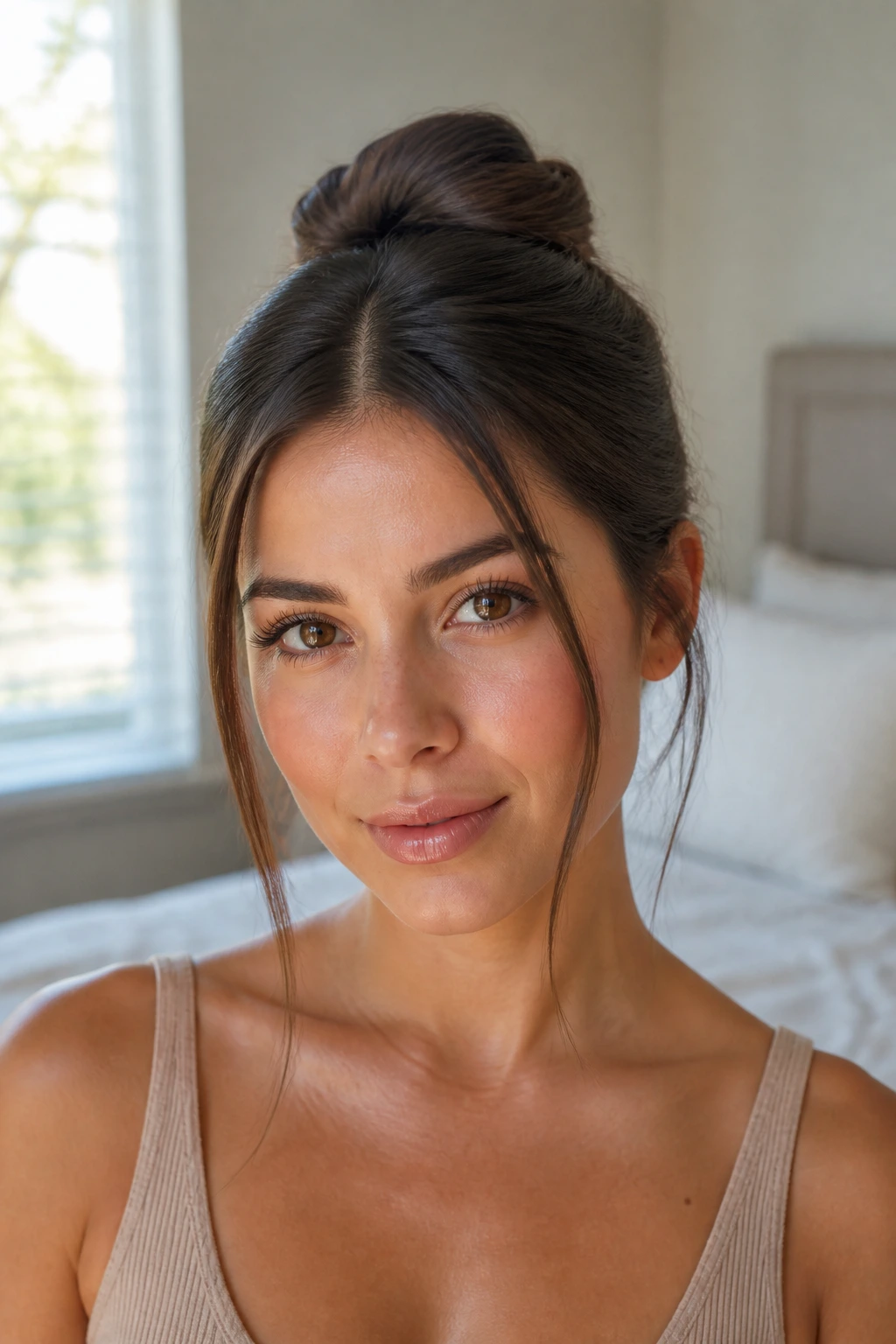 Real woman with center-part bun and slim face-framing pieces