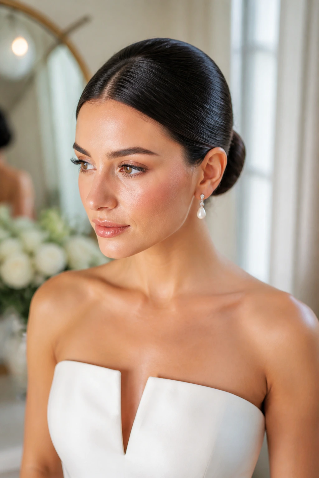 Close-up of a real bride's centered ballet bun with subtle crown lift.