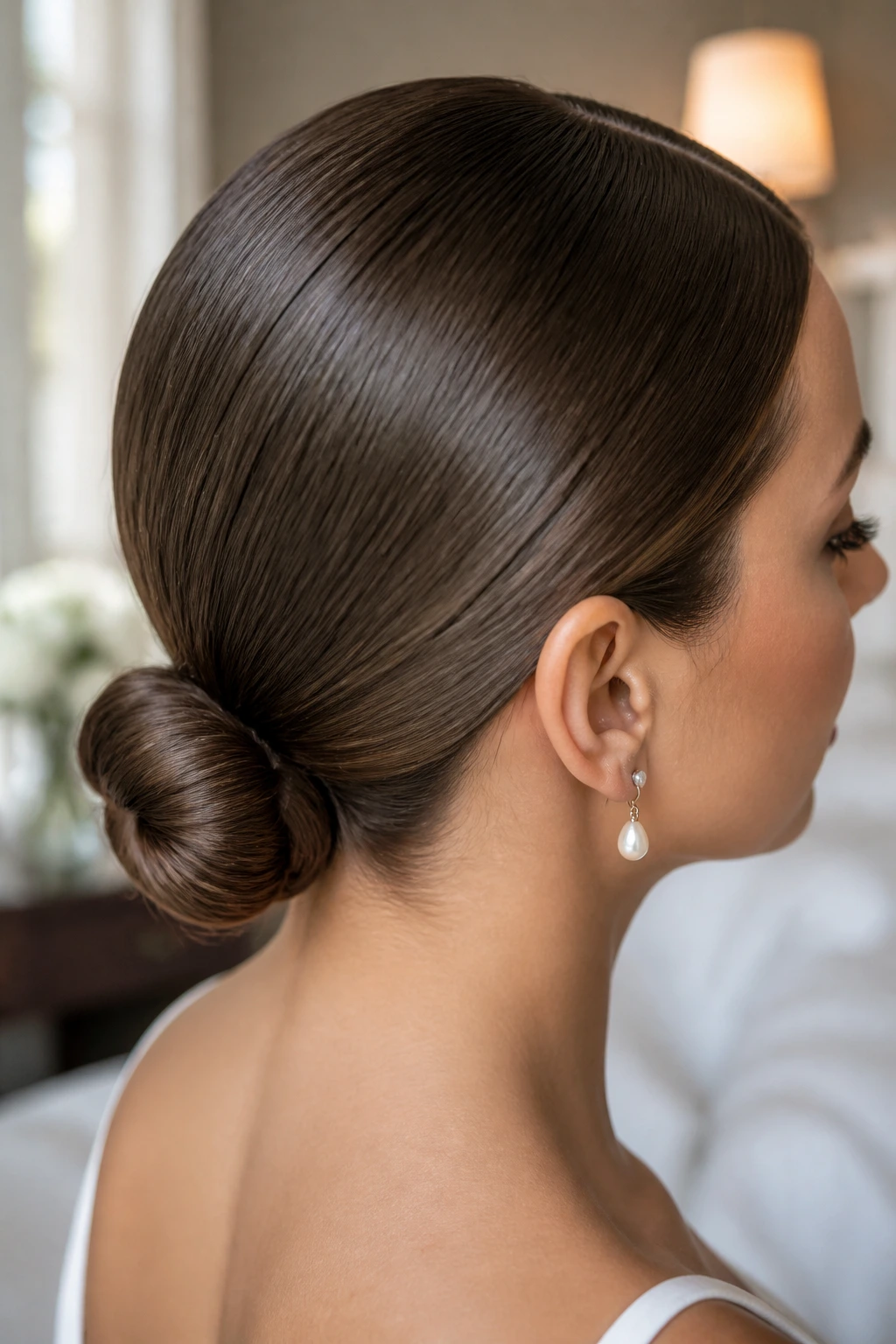 Close-up of a real woman with a sharp center part and a sleek low bun