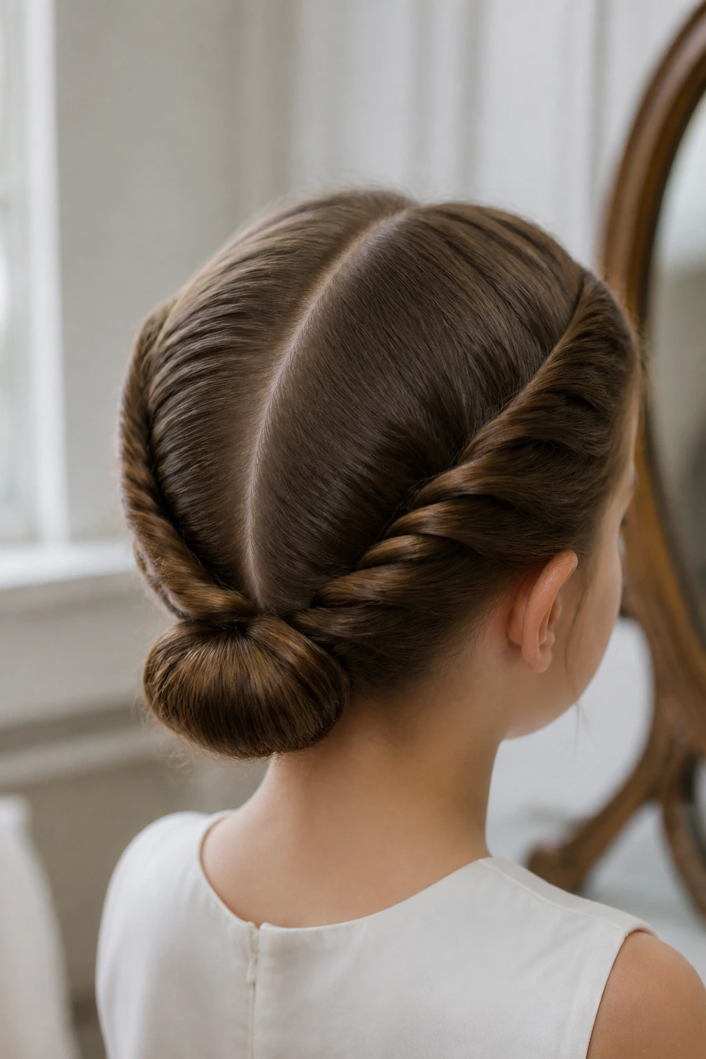 Center-part twist bun on real child in calm interior