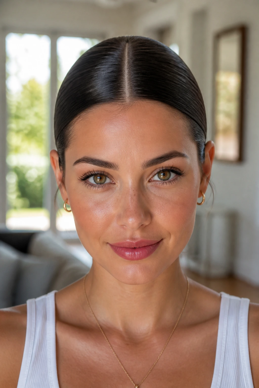 Front view of a woman with a center-part glossy bun