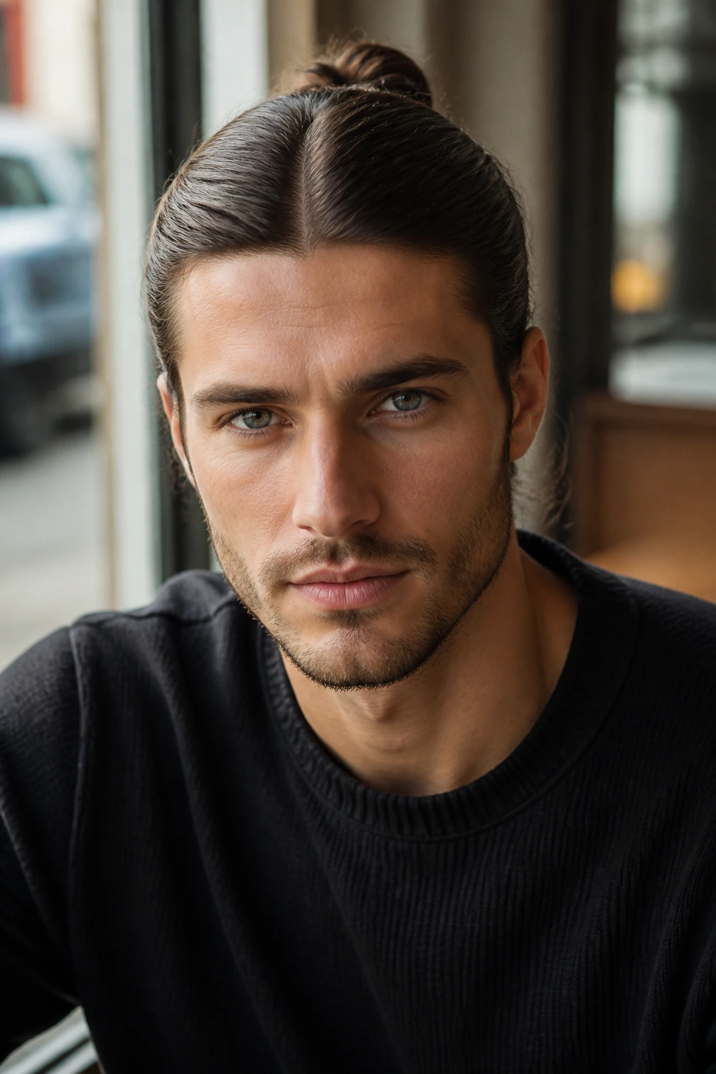 Close-up of a man with a center-part bun in natural cafe light.