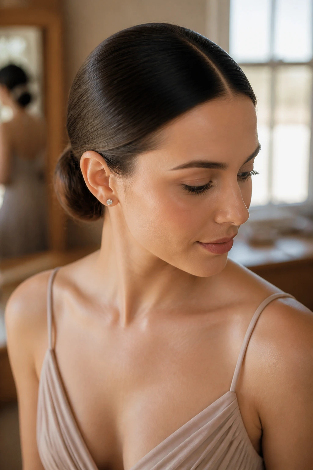 Close-up of a real woman with a sleek center-part bun in a bridal dressing room