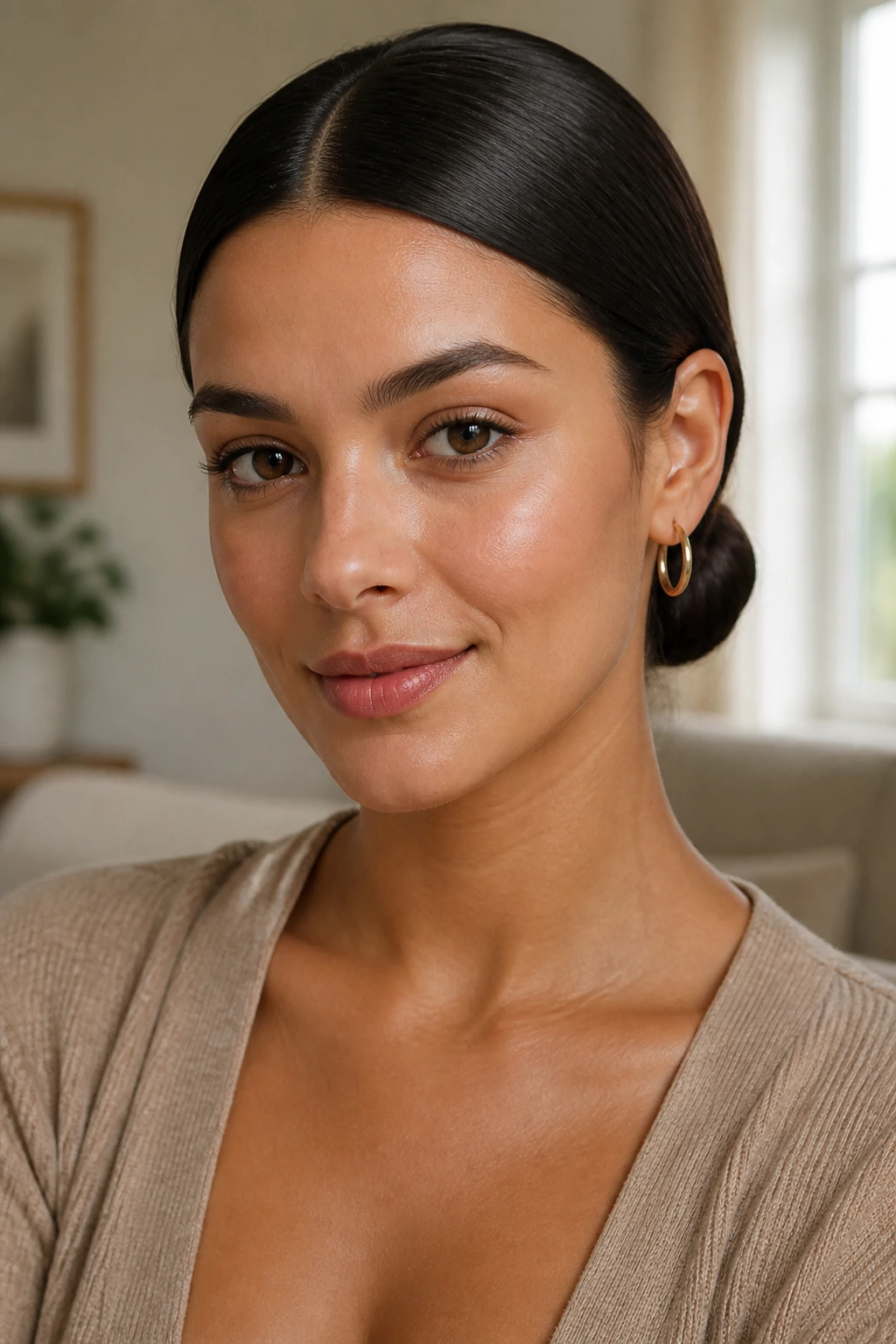 Close-up portrait of a woman with a smooth center-part and low bun at the nape