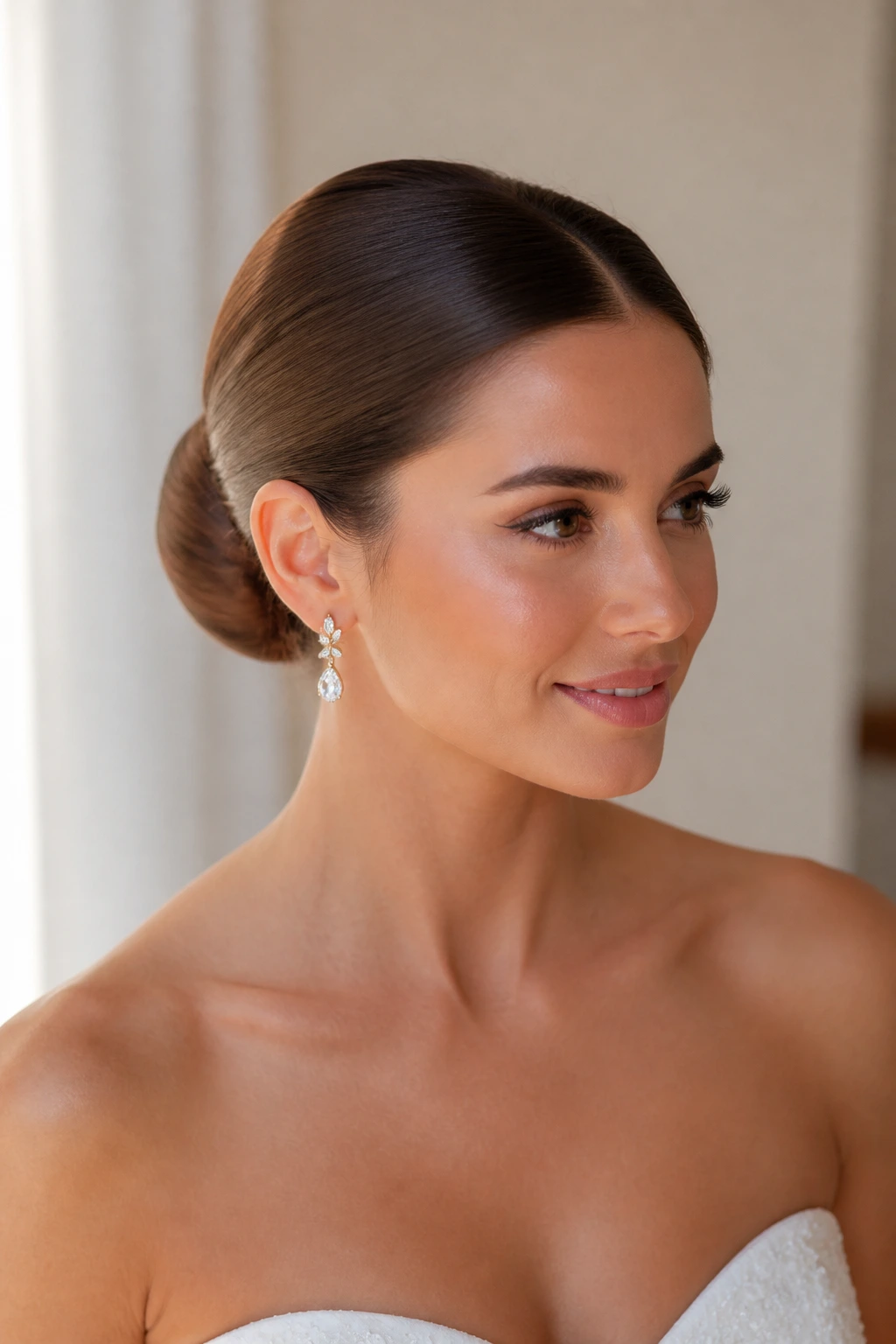 Bride with sculpted center-part bun in soft bridal light