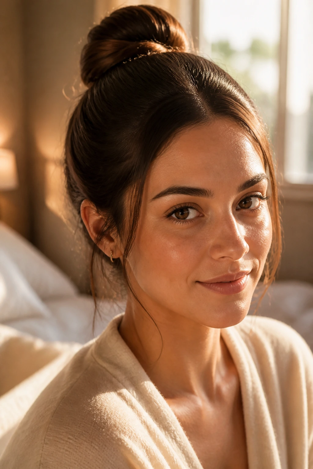 Close-up portrait of a real woman with a center-part bun in warm morning light
