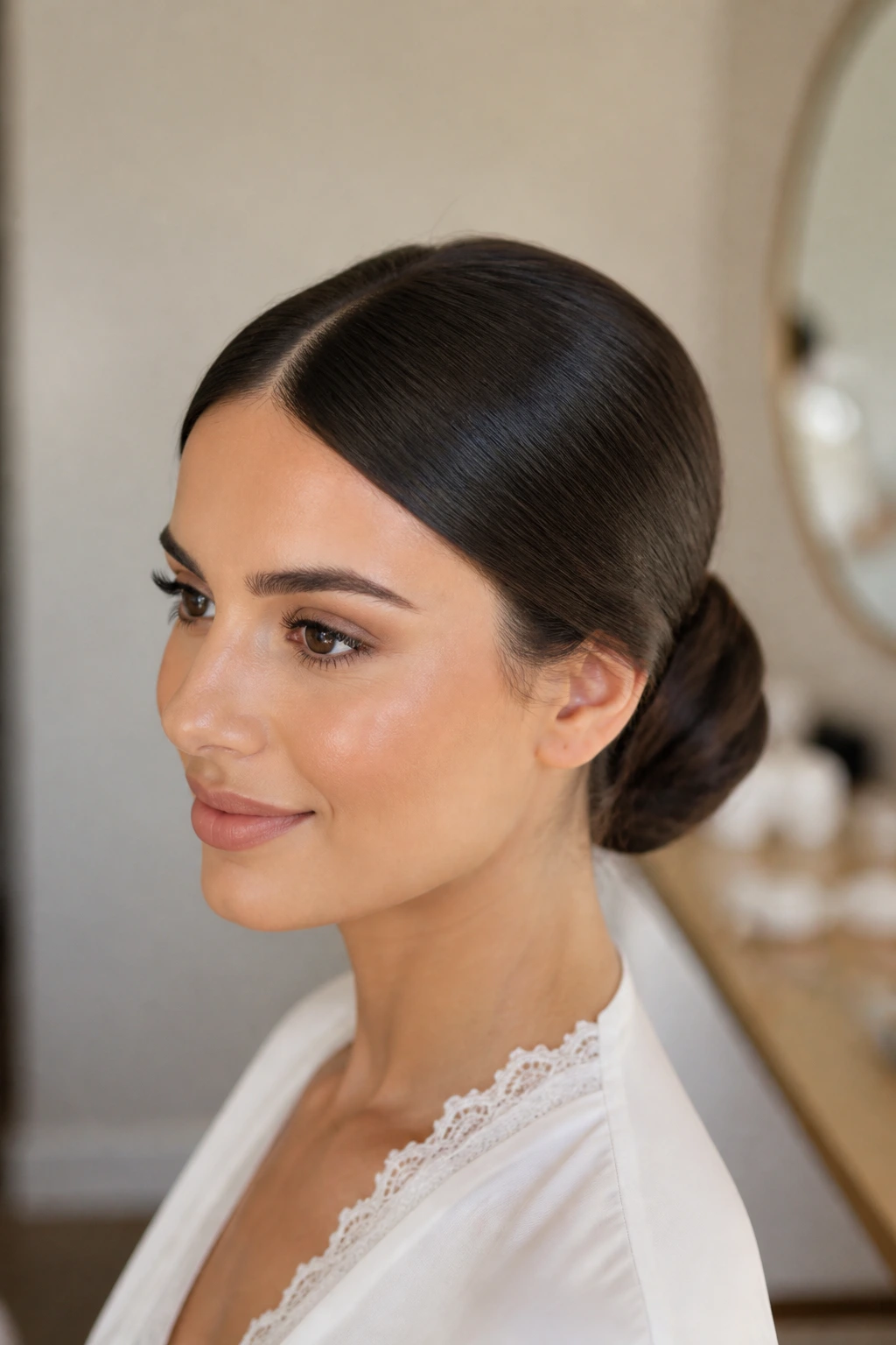 Portrait of a real woman showing a straight center part and a sleek low bun at the nape.