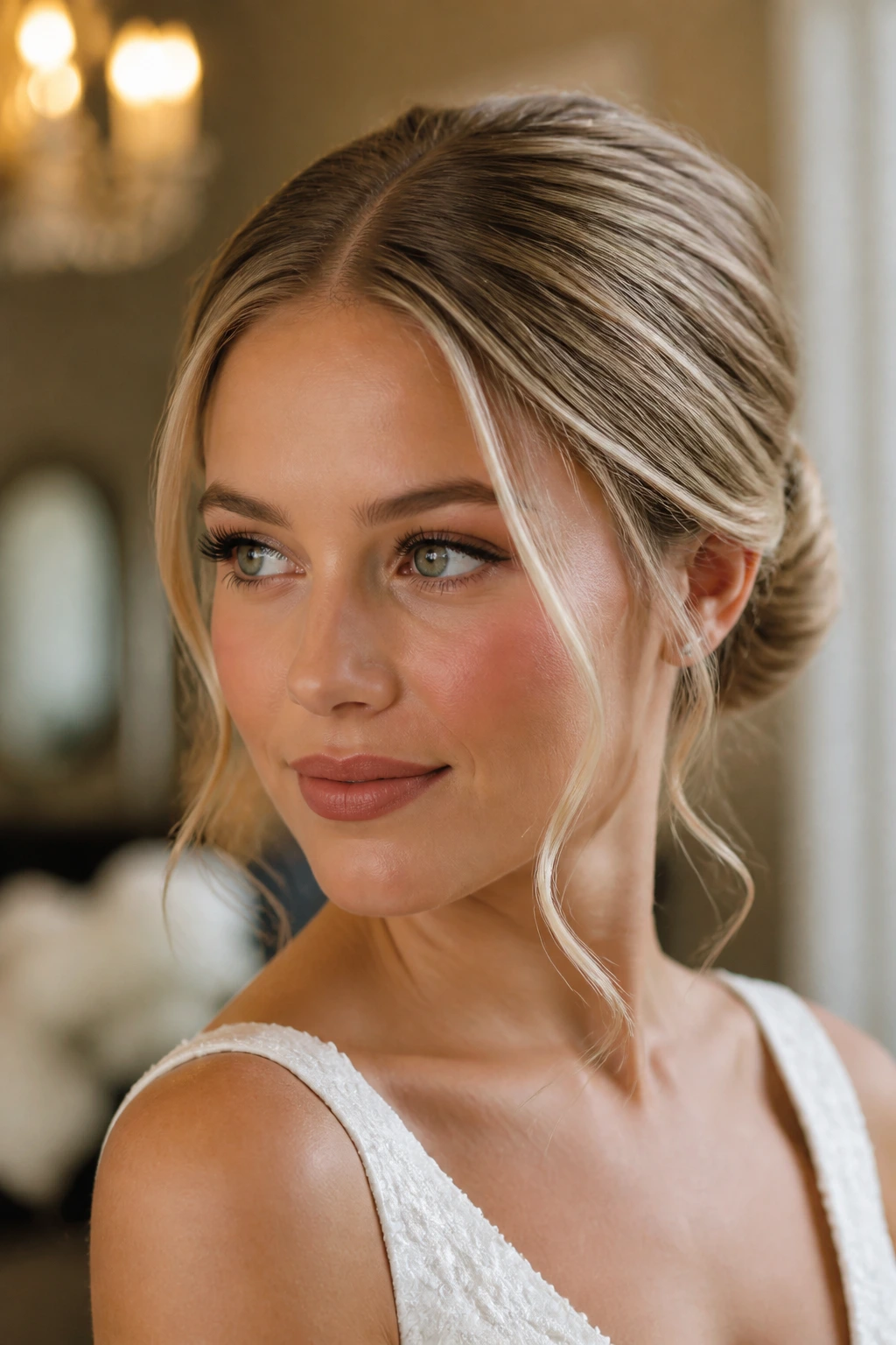 Close-up of bride with center-part bun and wispy tendrils framing the face