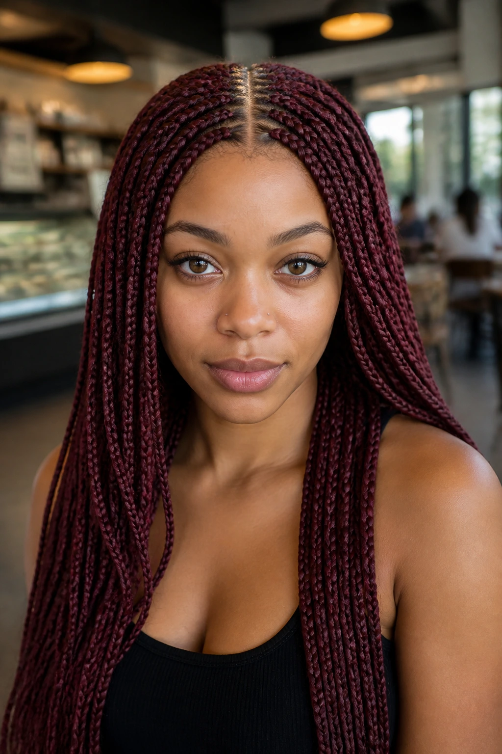 Portrait of a real woman with center-part burgundy knotless braids indoors