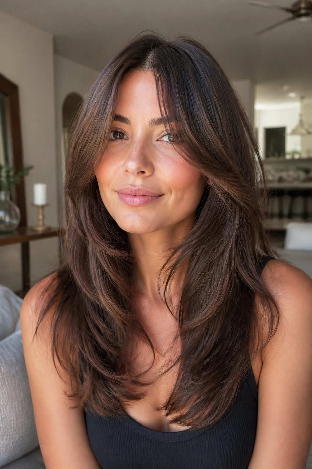 Close-up portrait of a center-part hairstyle with cheekbone bangs in natural daylight