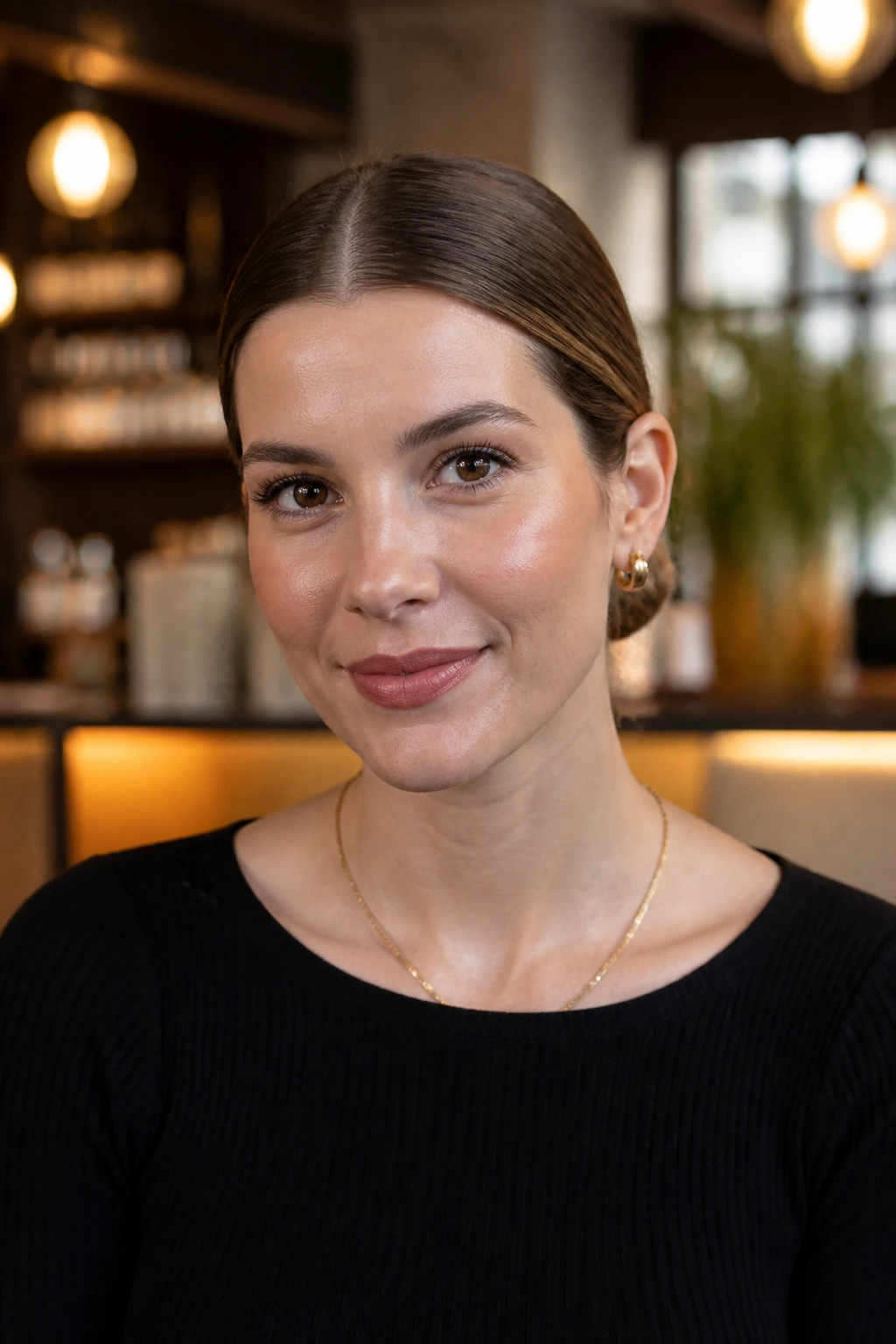 Close-up of a real woman with a center-part and sleek chignon