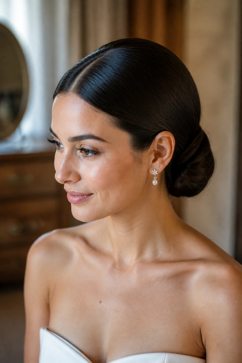 Bride with glassy center-part and low chignon