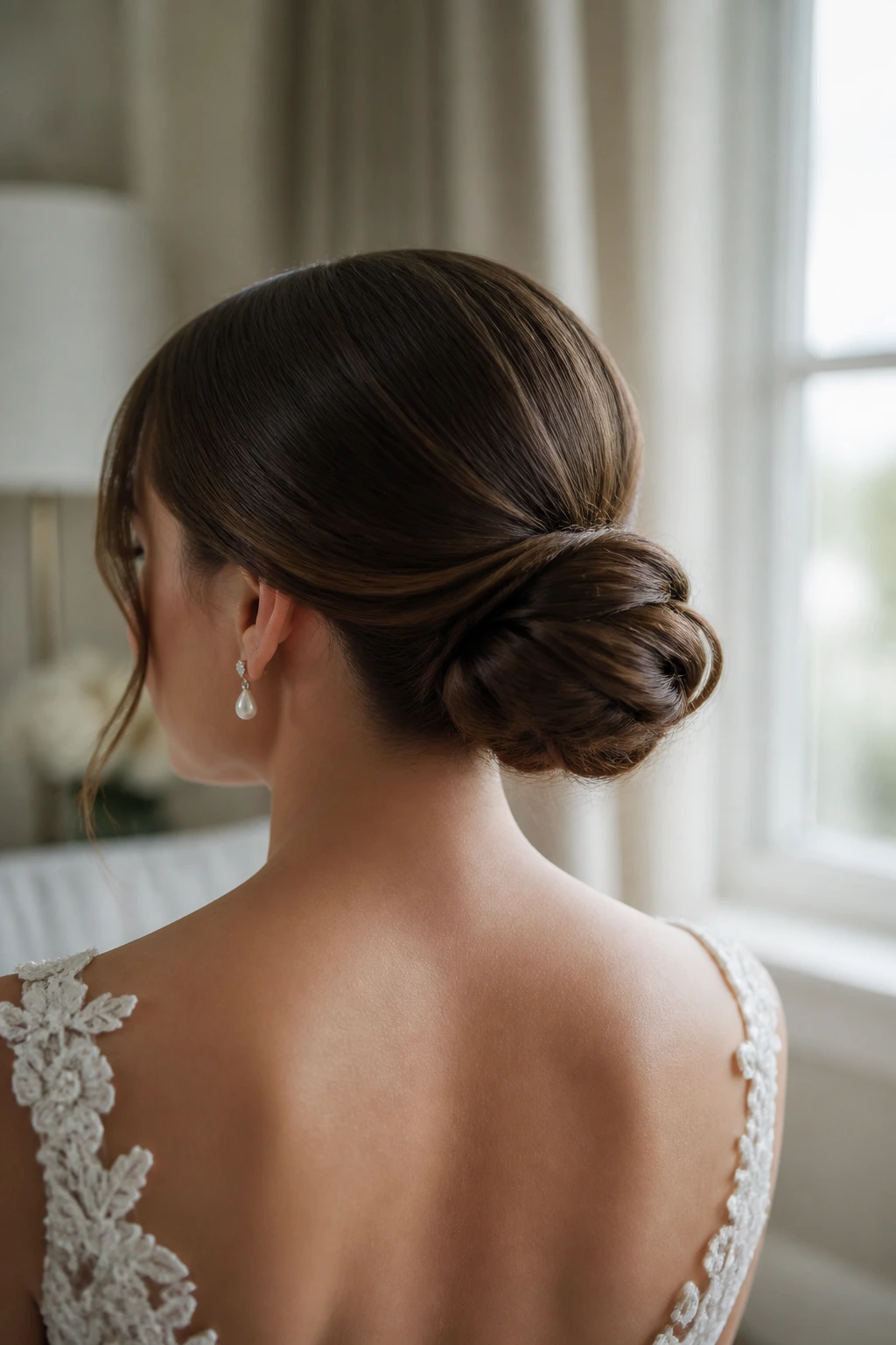 Real bride with a polished center-part chignon at the nape