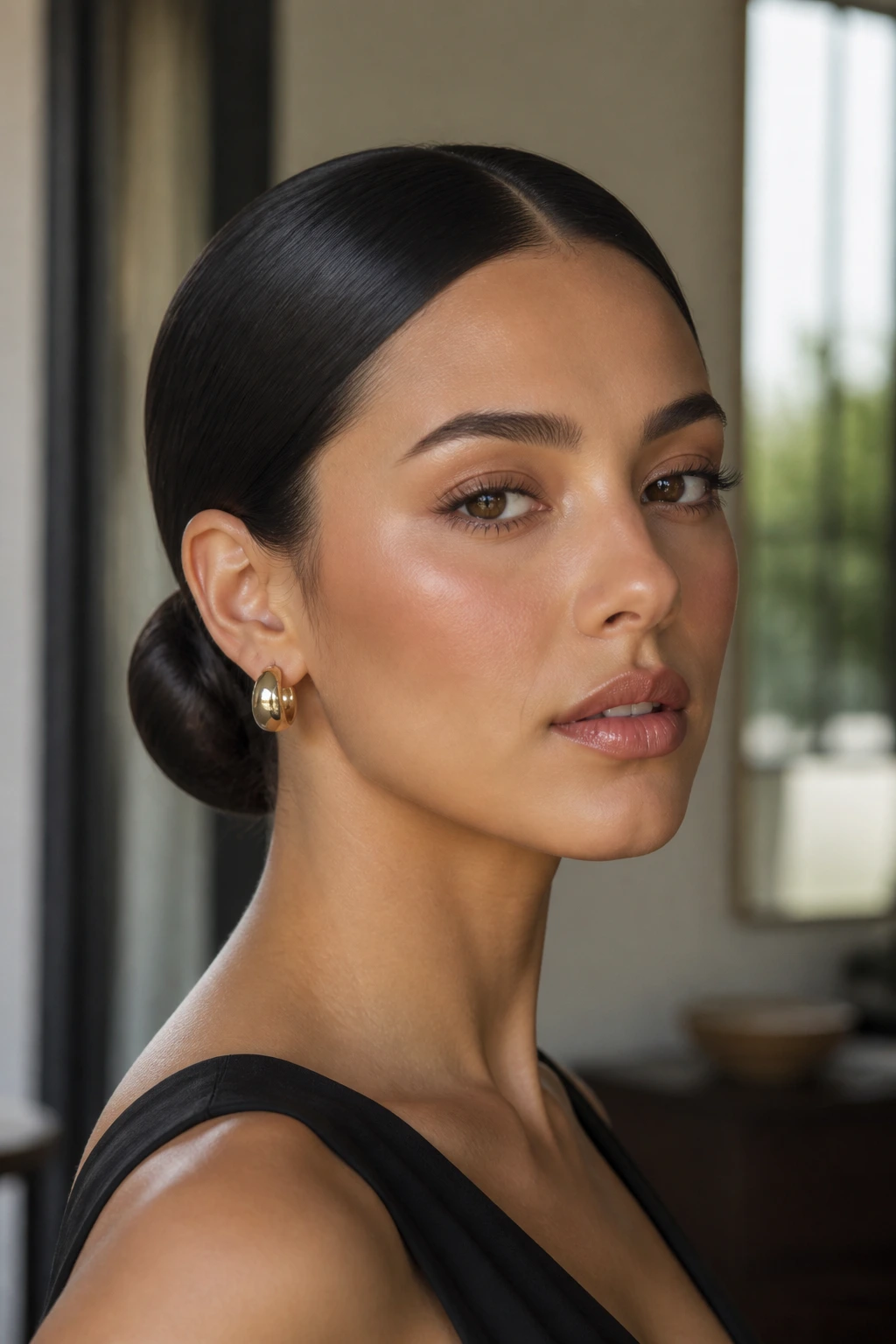 Close-up portrait of a real woman with a center-part sleek chignon