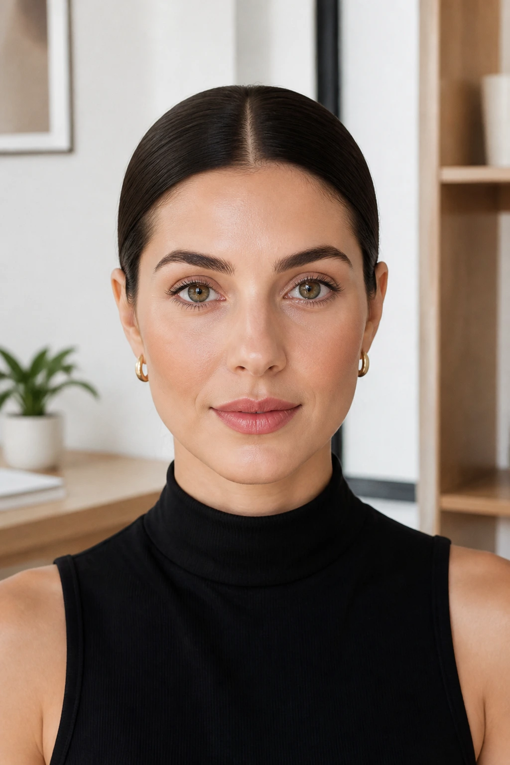 Close-up of woman with a sleek center-part chignon.