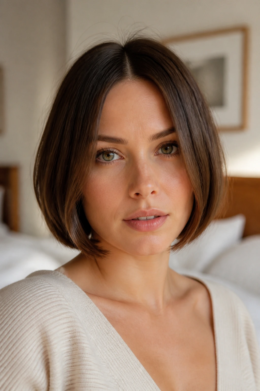 Close-up portrait of a real woman with a center-part chin bob ending below the jaw.