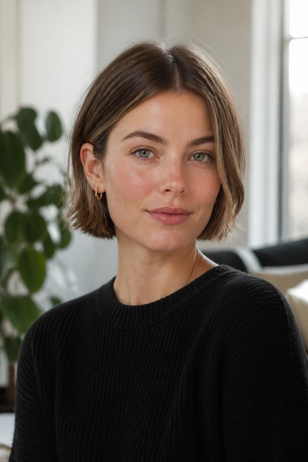 Close-up portrait of a real woman with center-parted choppy bob and tucked ends