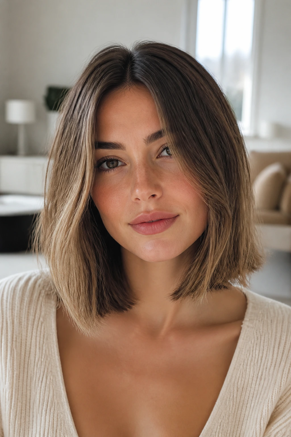 Close-up of a real person wearing a center-part collarbone bob in bright daylight
