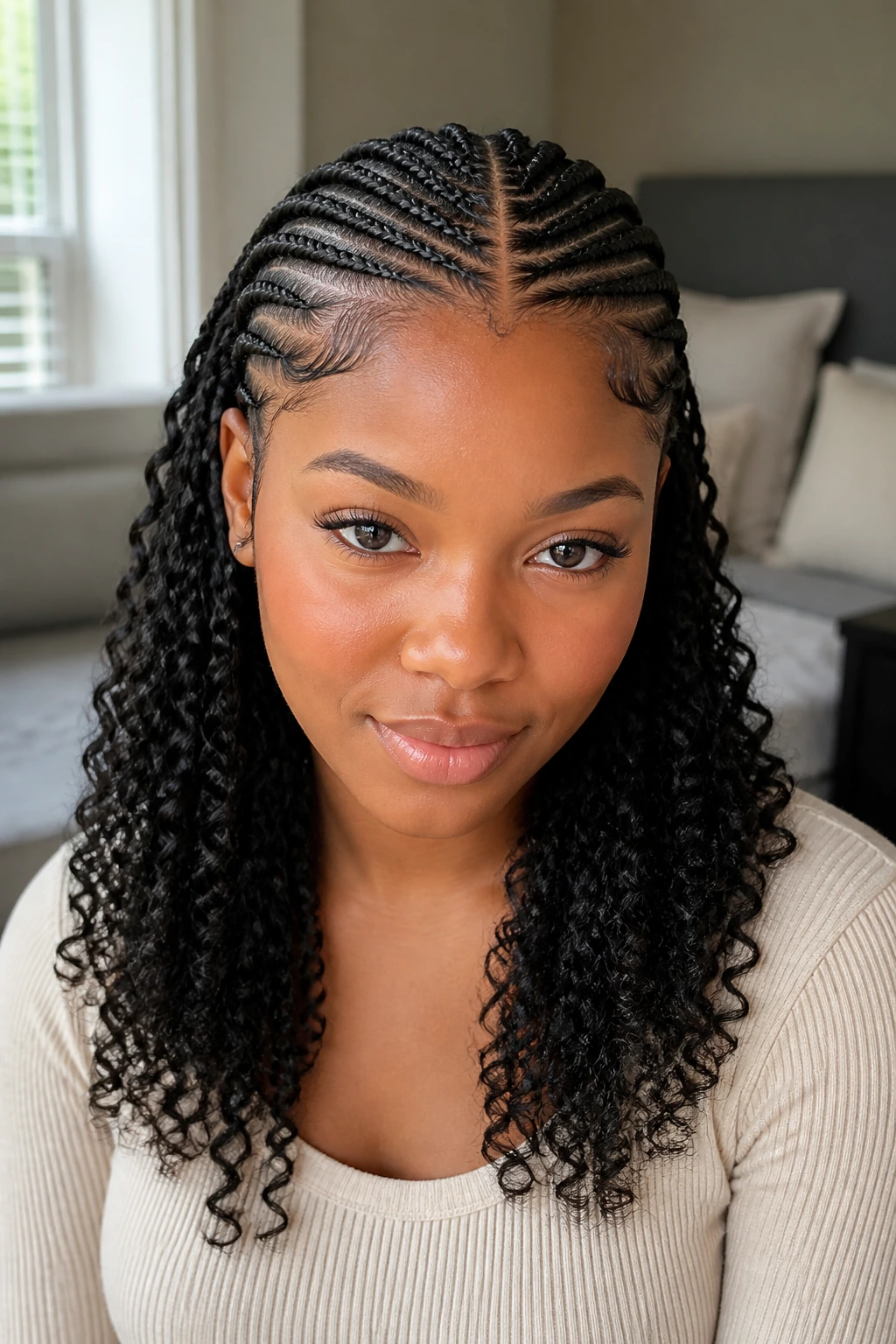 Close-up of a Black woman with center-part cornrows ending in curls.