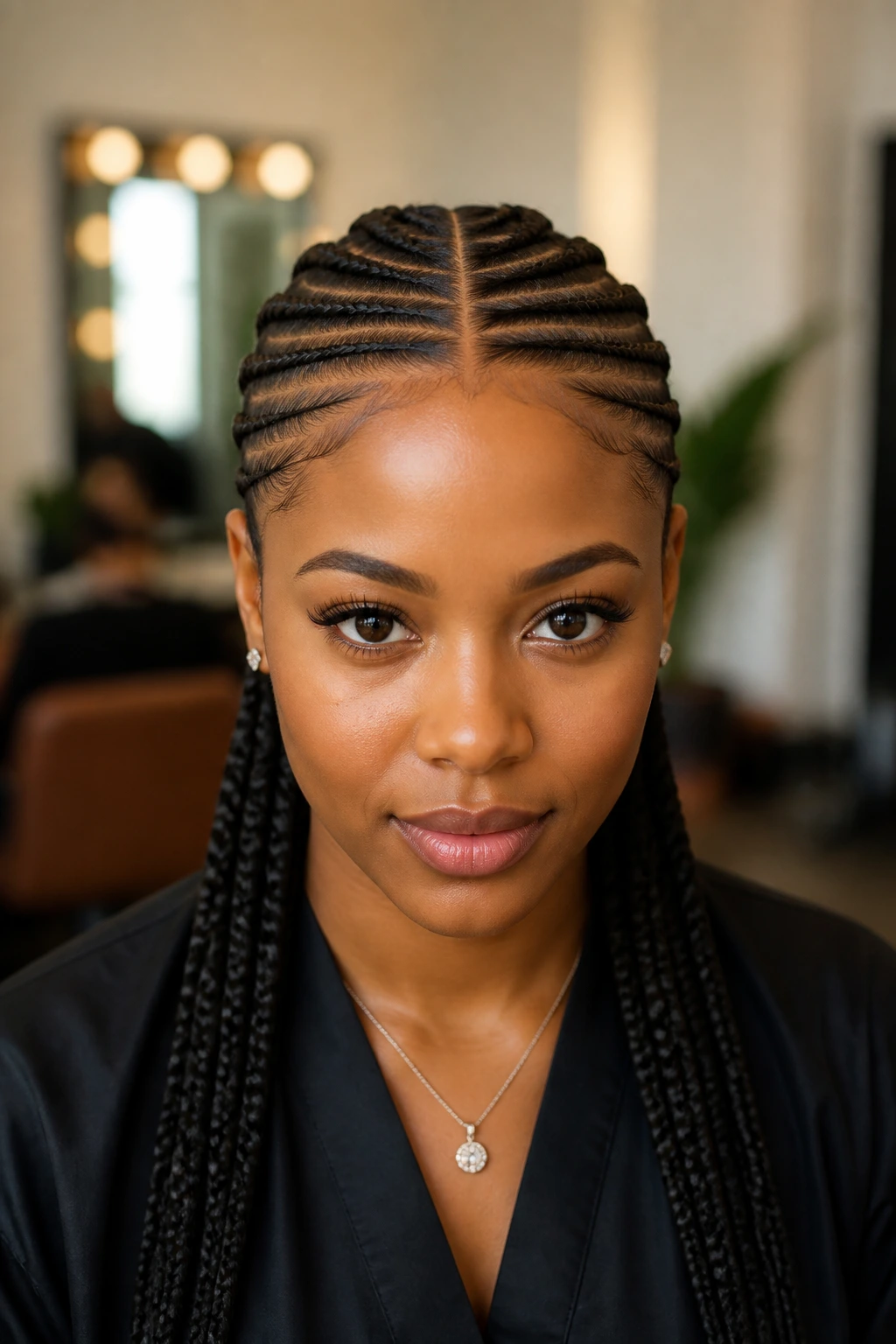 Center-part feed-in cornrows on a real person with tapered base.