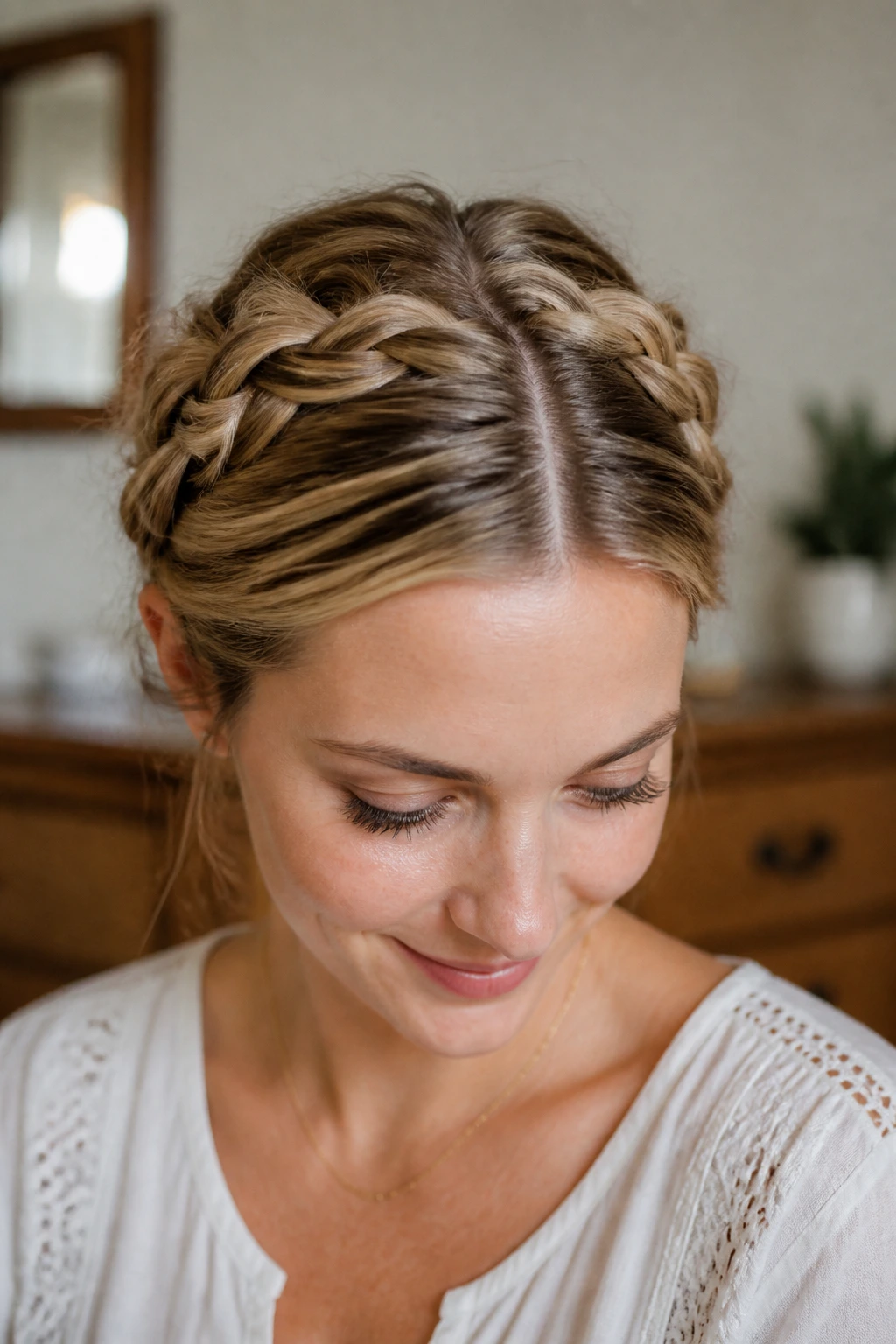 Close-up of a real woman with a center-part crown braid
