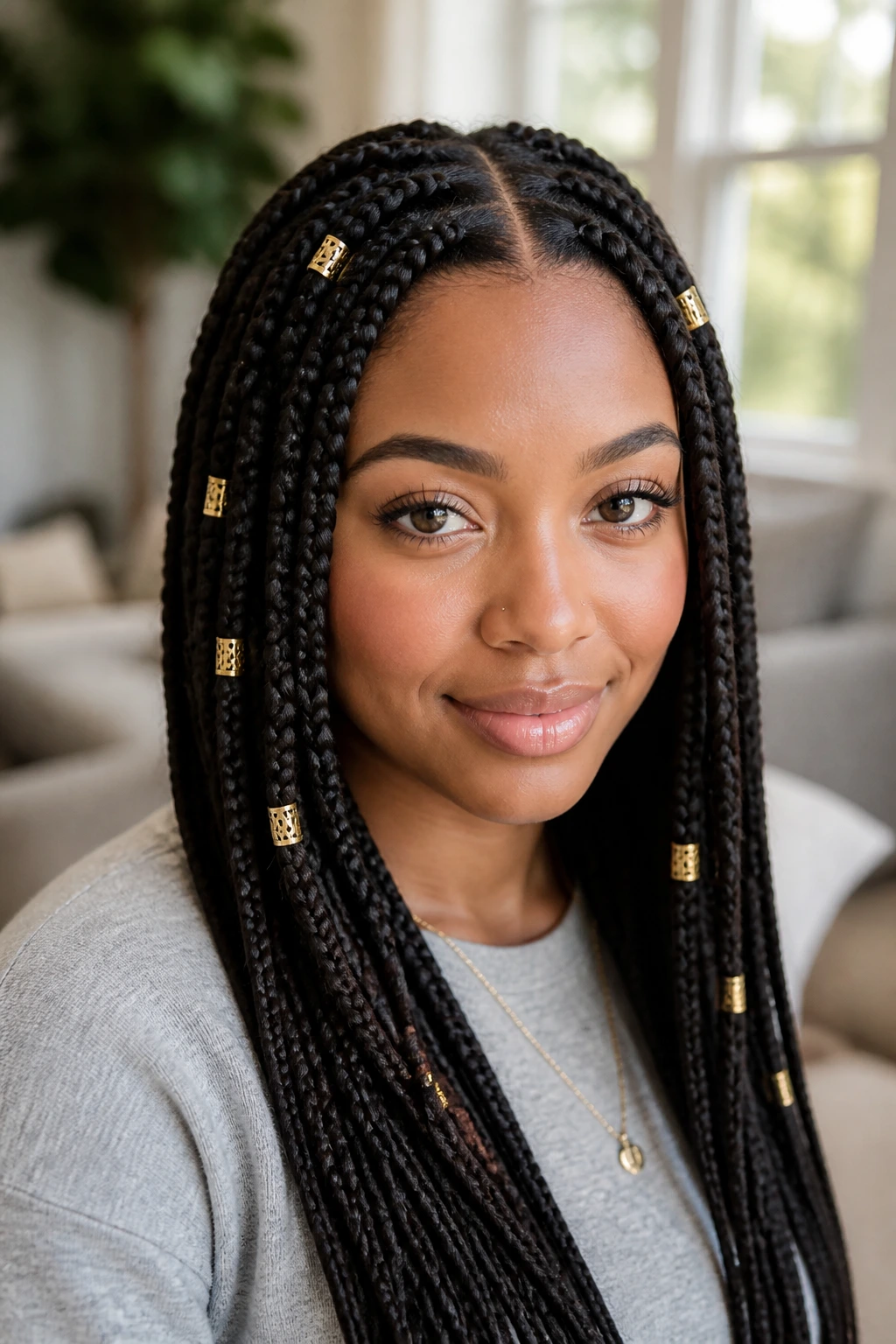 Portrait of a person with a center part and varying heights gold cuffs
