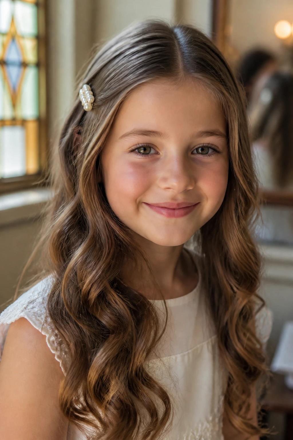 Close-up of a girl with center-part curls and pearl clip in soft church lighting