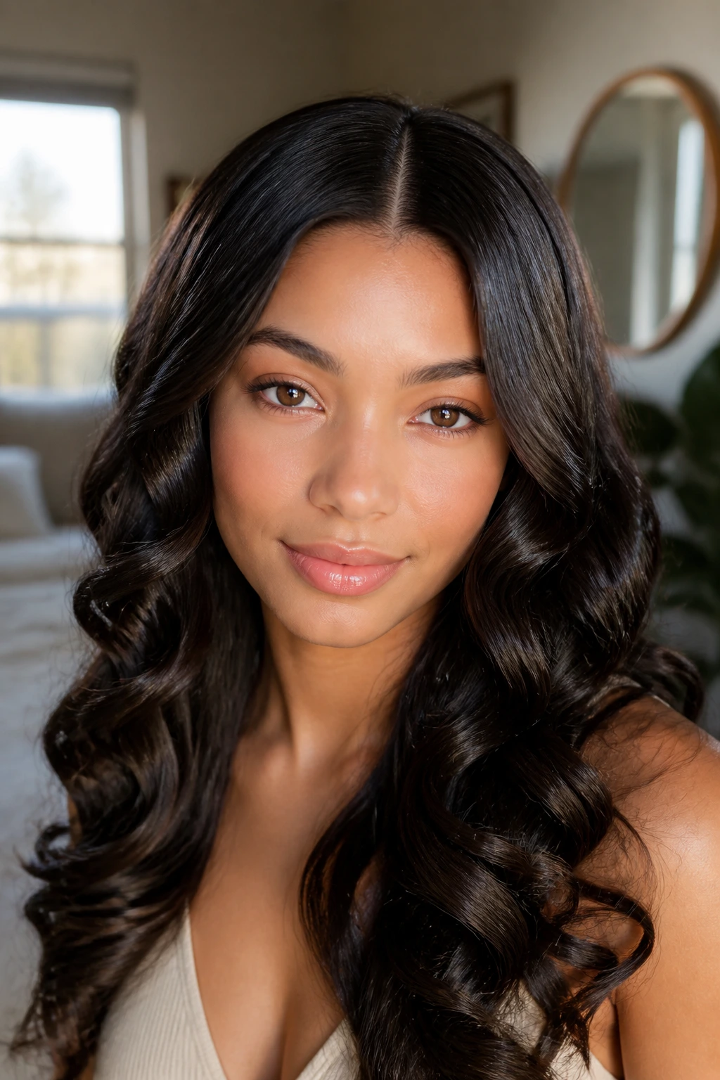 Close-up of a real woman with a sleek center part and glossy loose curls.