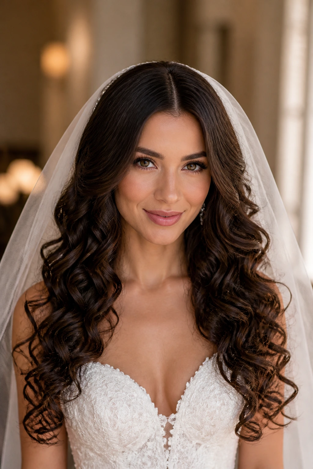 Close-up of a real bride with center-part curls and cathedral veil