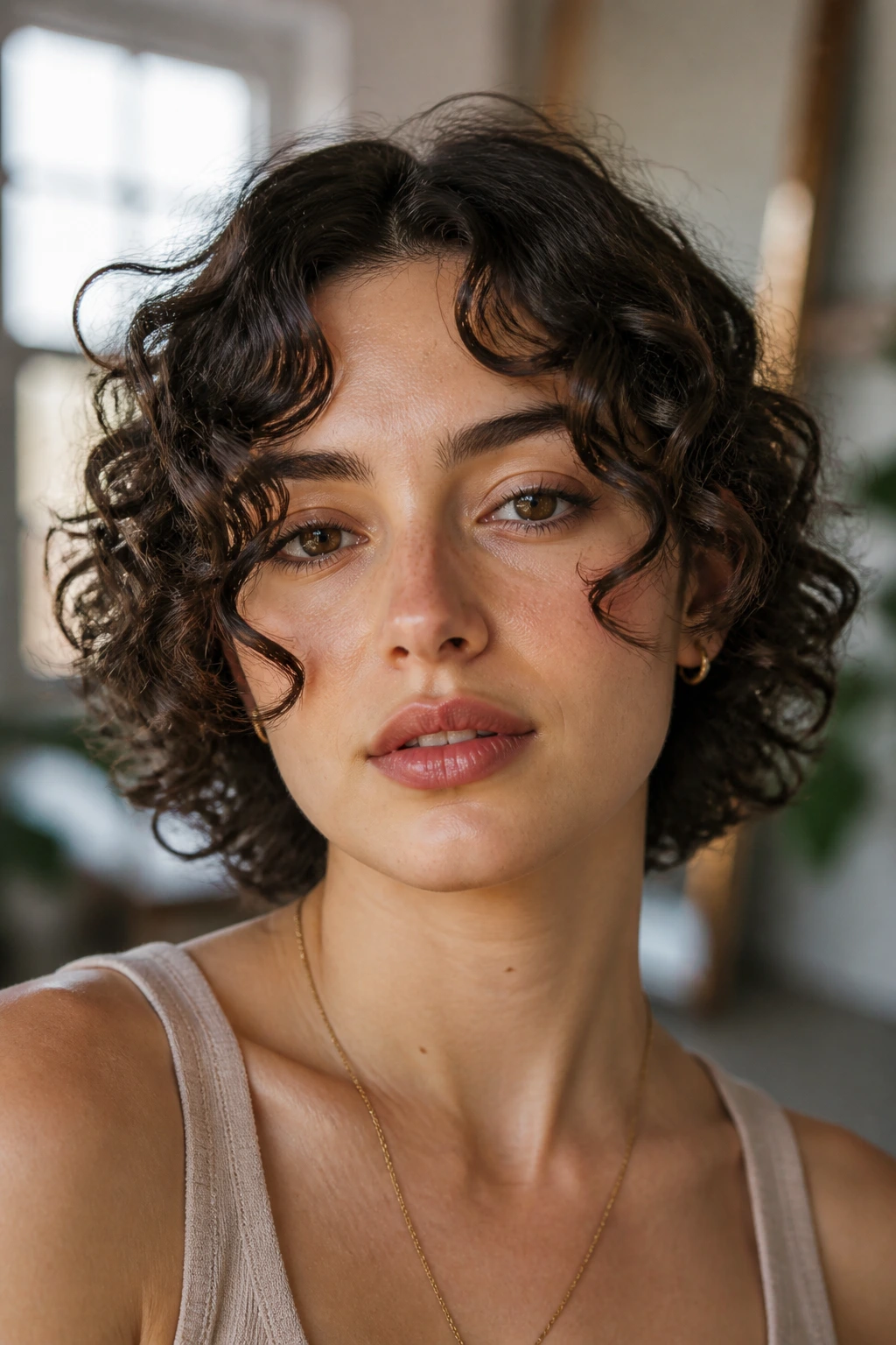 Close-up of center-part curly curtain bangs on a real woman.