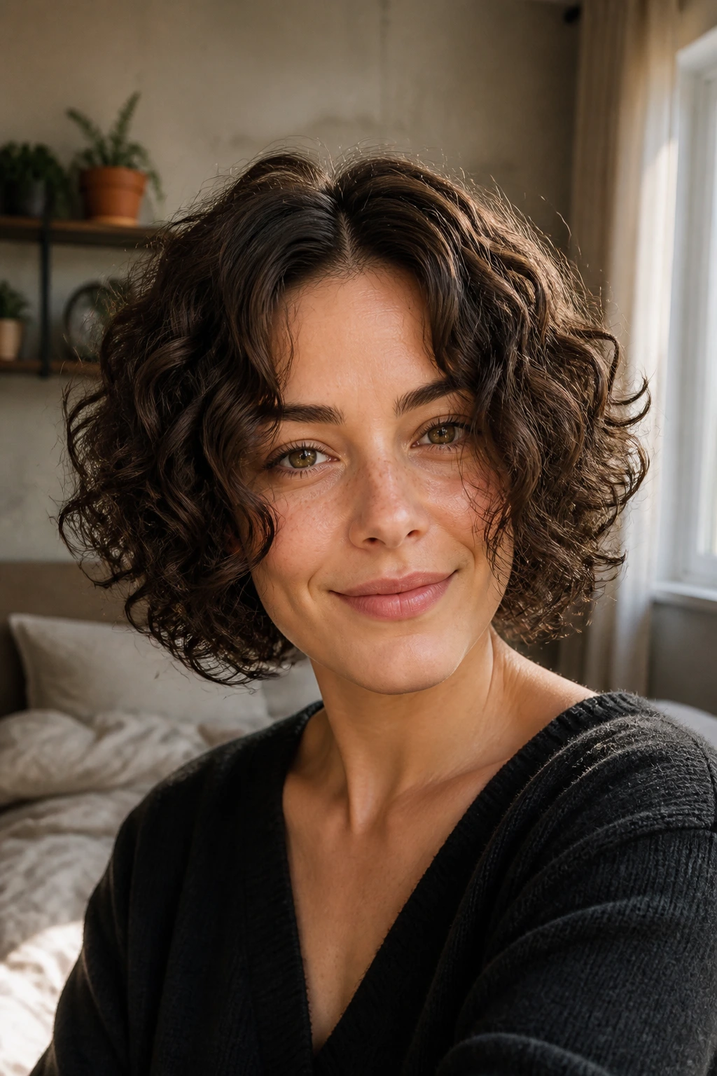 Close-up of a woman with Center-Part Curly Bob with Cheekbone Layers in soft window light